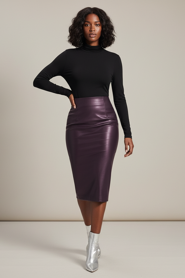 Jupe Crayon Prune Similicuir Élégante