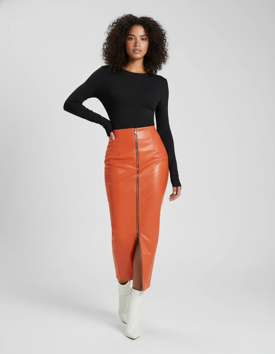 Jupe Crayon Orange Simili Cuir Élégante
