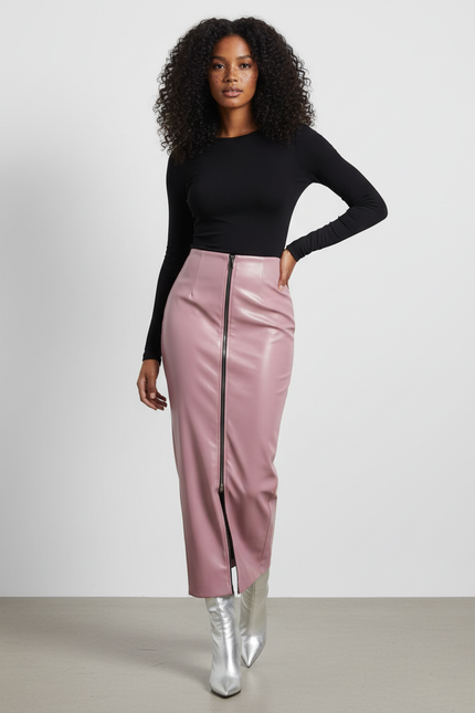 Jupe Crayon Rose Simili Cuir Chic