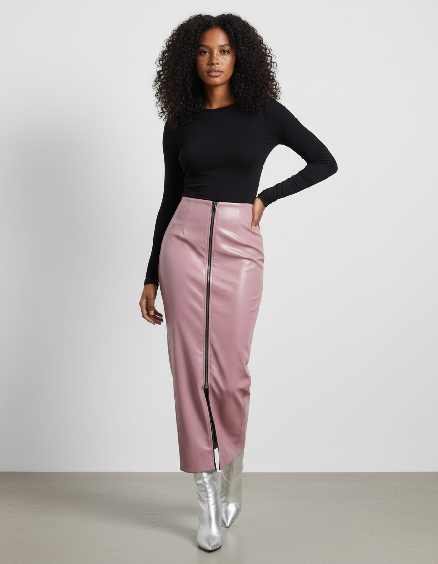 Jupe Crayon Rose Simili Cuir Chic