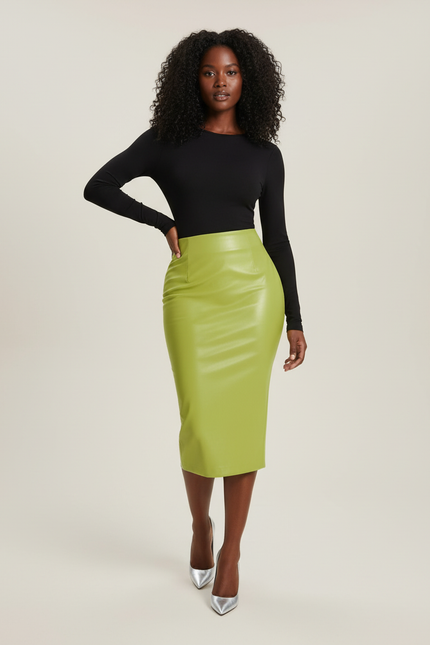 Jupe Crayon Vert Citron Simili Cuir Chic