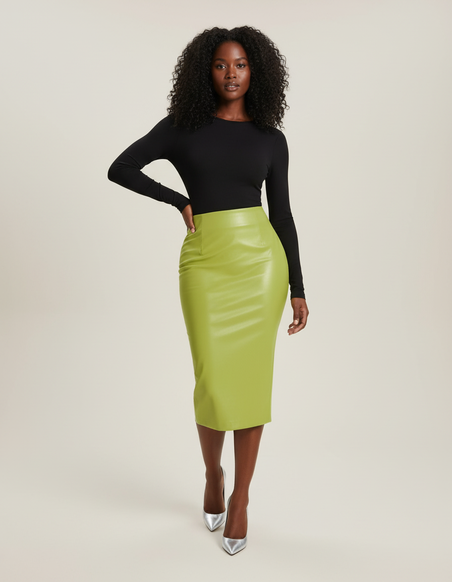 Jupe Crayon Vert Citron Simili Cuir Chic
