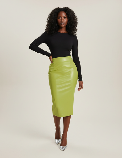 Jupe Crayon Vert Citron Simili Cuir Chic