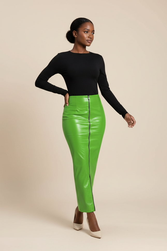 Jupe Crayon Longue Vert Vif Simili Cuir Chic