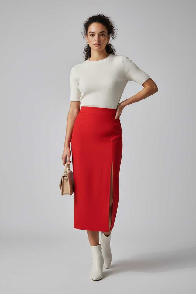 Jupe Crayon Rouge Fendue Élégante