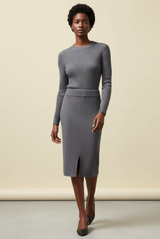 Jupe Crayon Grise Côtelée Élégante