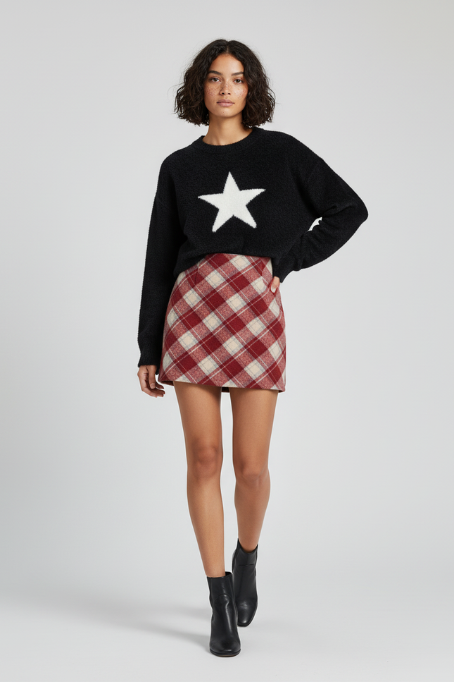 Jupe Crayon Mini Carreaux Rouges Décontractée