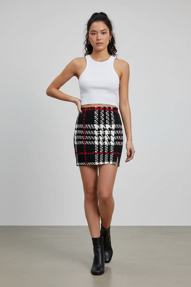 Jupe Crayon Carreaux Noir Rouge Élégante