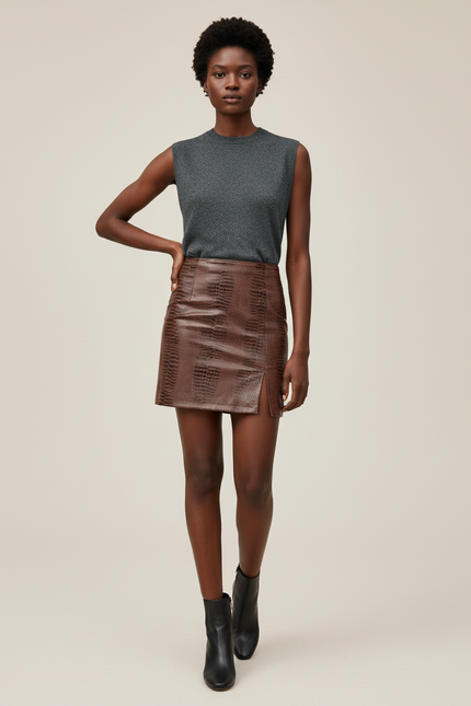 Jupe Crayon Marron Imprimé Crocodile Chic