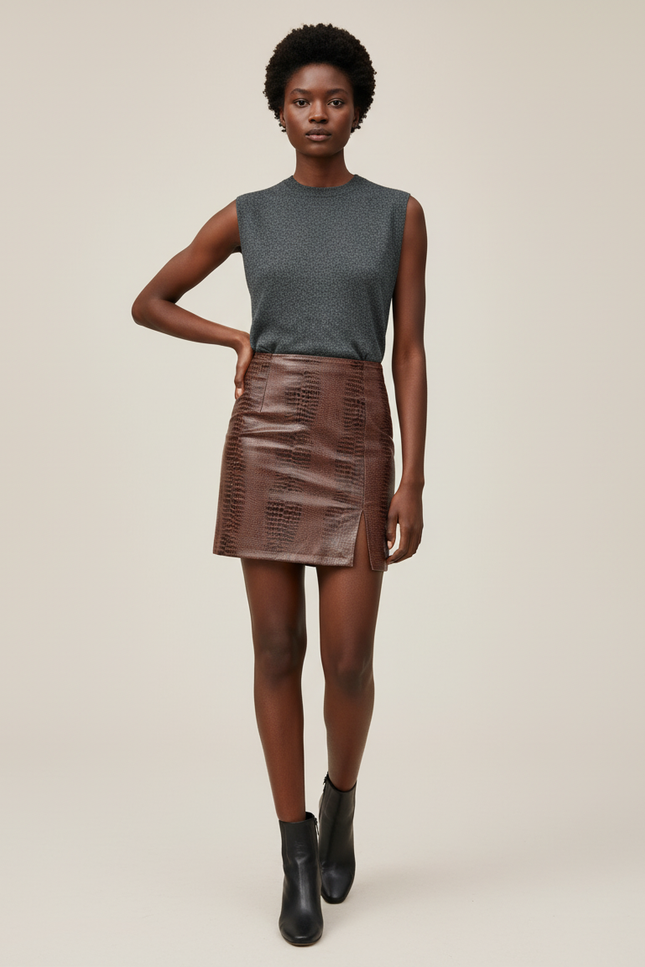 Jupe Crayon Marron Imprimé Crocodile Chic