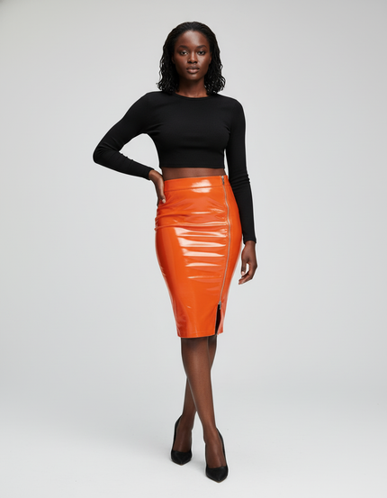 Jupe Crayon Orange Vernie Similicuir Élégante