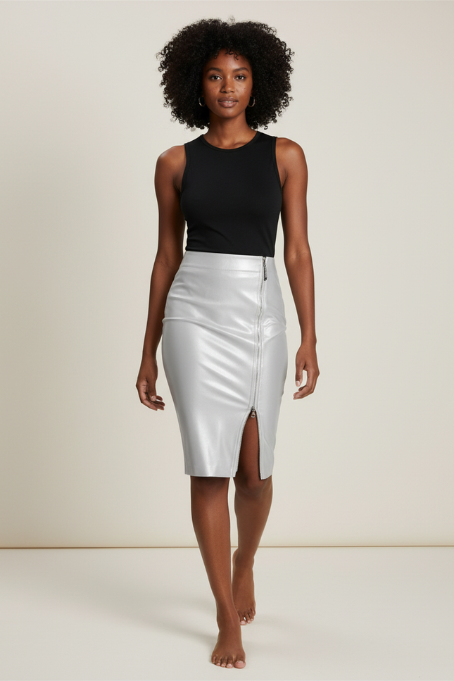 Jupe Crayon Argentée Similicuir Brillante