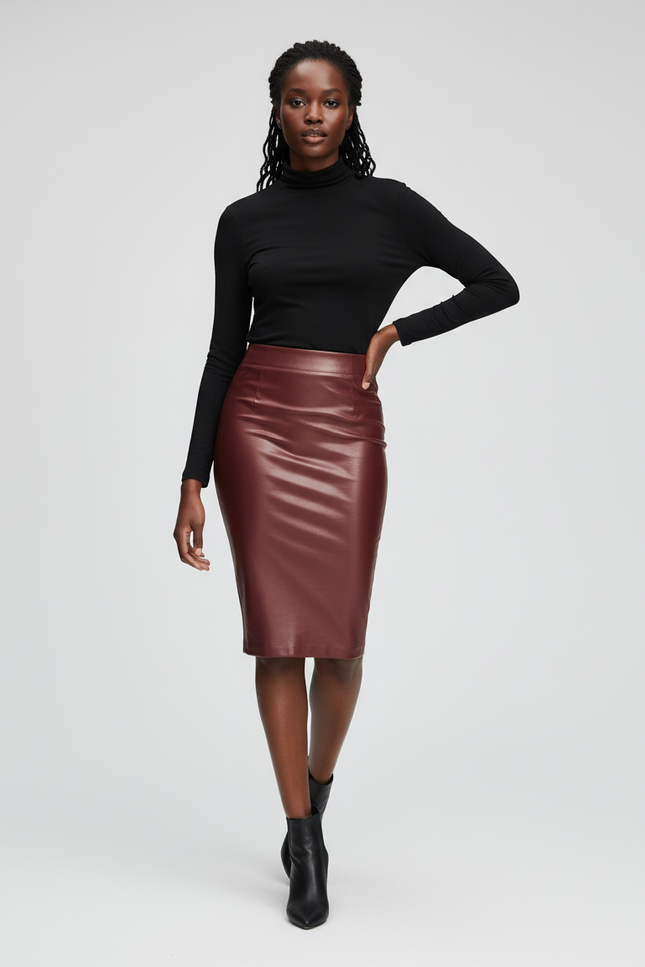 Jupe Crayon Bordeaux Simili Cuir Élégante