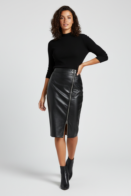 Jupe Crayon Similicuir Zip Asymétrique Élégante
