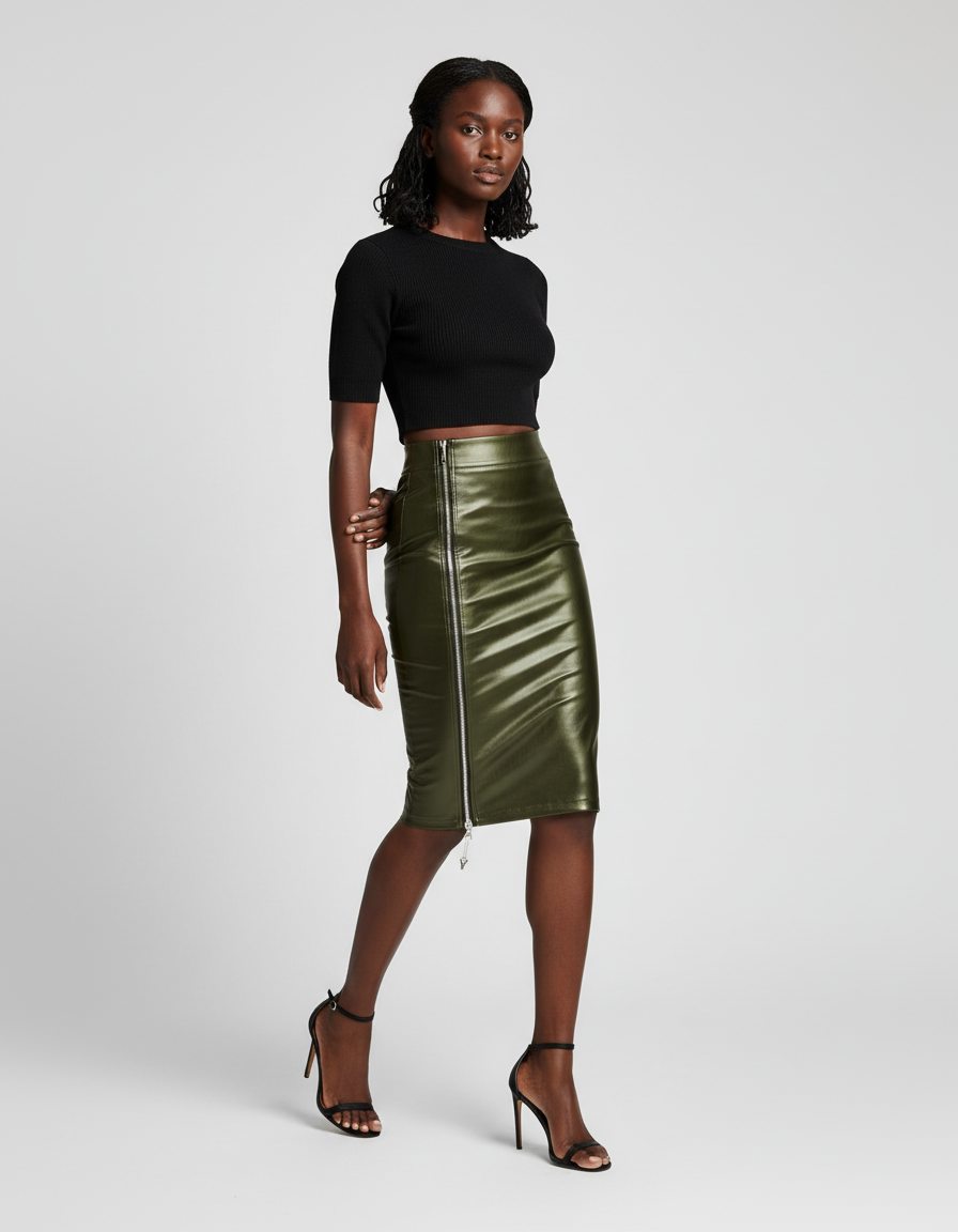 Jupe Crayon Vert Olive Brillante Élégante