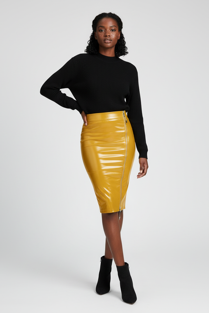 Jupe Crayon Similicuir Brillant Jaune Élégante