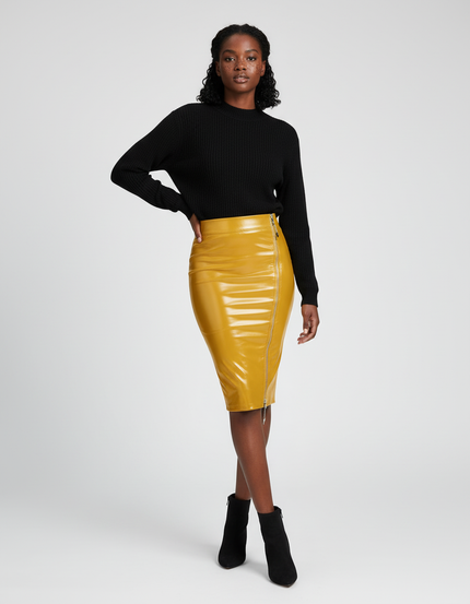 Jupe Crayon Similicuir Brillant Jaune Élégante