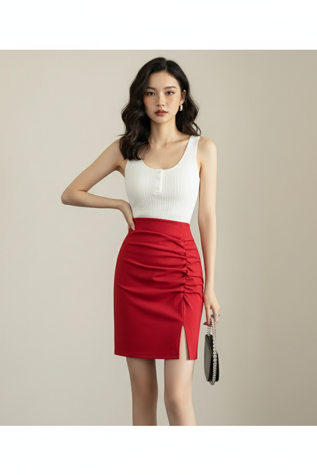 Jupe Crayon Rouge Froncée Élégante
