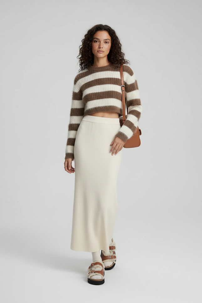 Jupe Crayon Écru Maille Décontractée