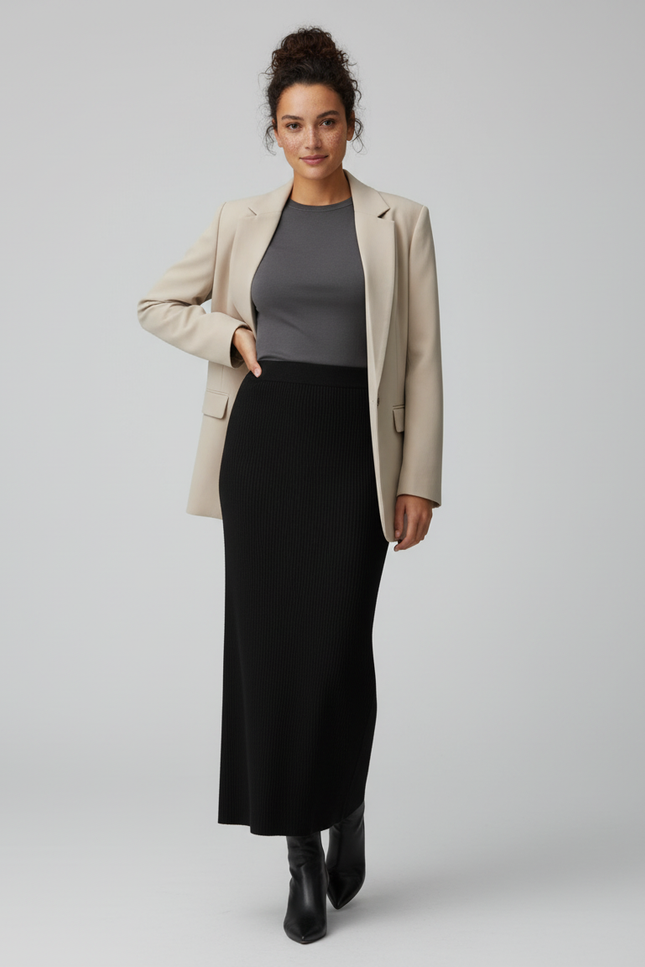 Jupe Crayon Noire Côtelée Chic