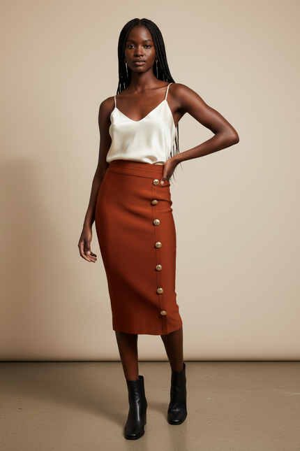Jupe Crayon Terracotta Boutons Dorés Chic
