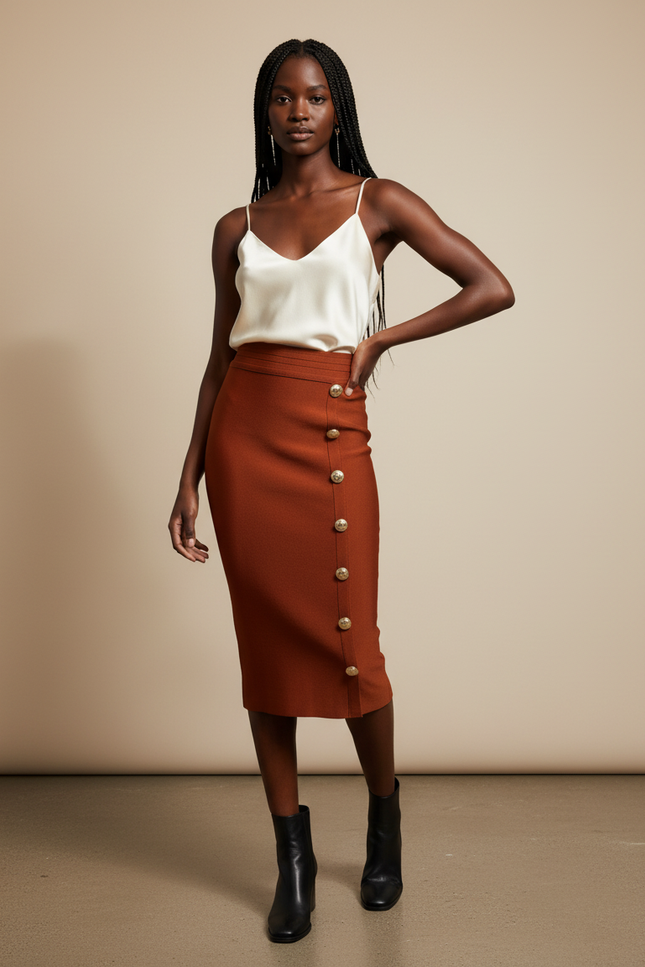 Jupe Crayon Terracotta Boutons Dorés Chic