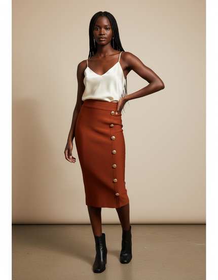 Jupe Crayon Terracotta Boutons Dorés Chic