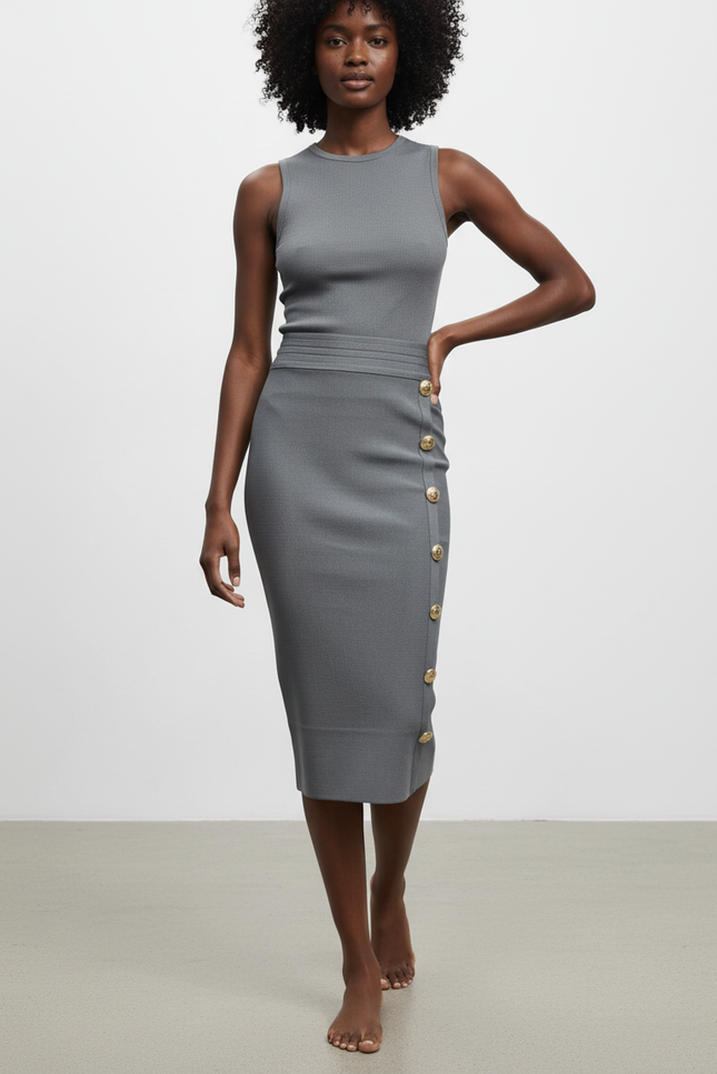 Jupe Crayon Grise Boutons Dorés Chic