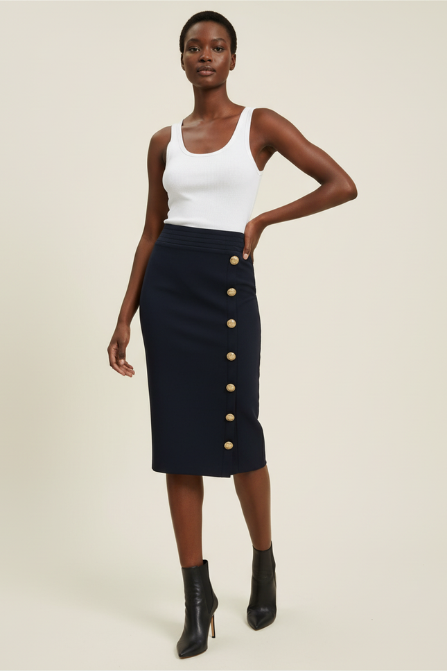 Jupe Crayon Bleue À Boutons Dorés Chic