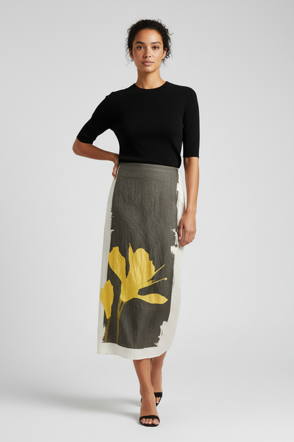 Jupe Crayon Motif Floral Jaune Chic