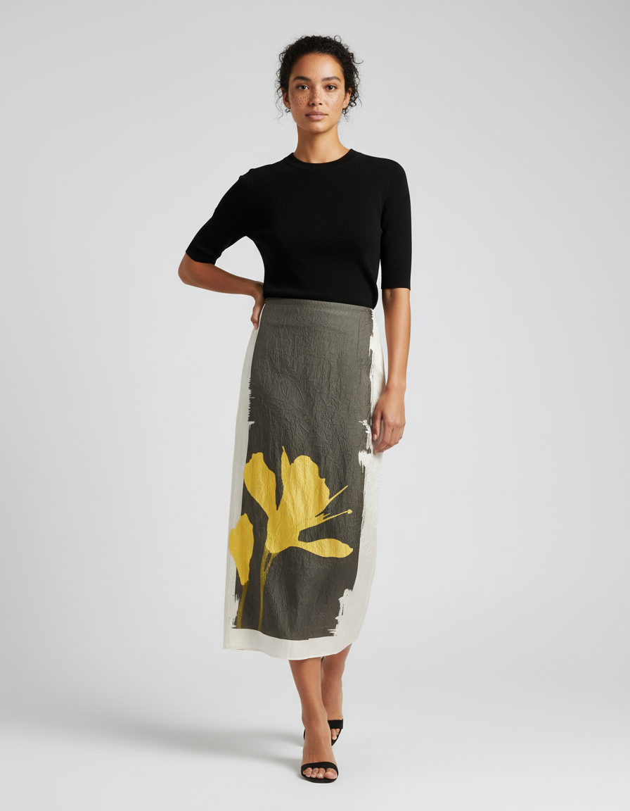 Jupe Crayon Motif Floral Jaune Chic
