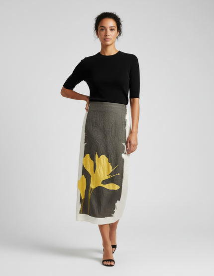 Jupe Crayon Motif Floral Jaune Chic