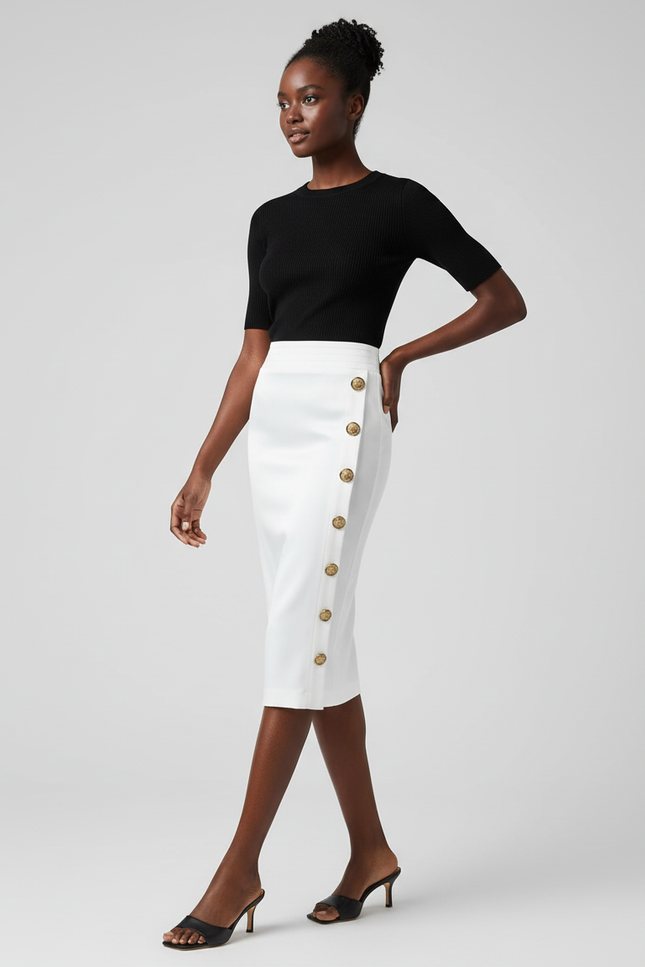 Jupe Crayon Blanche Boutons Chic