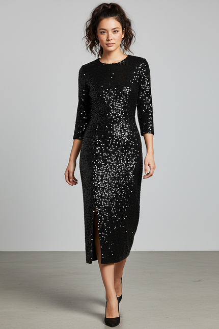 Jupe Crayon Noire Pailletée Fendue Élégante