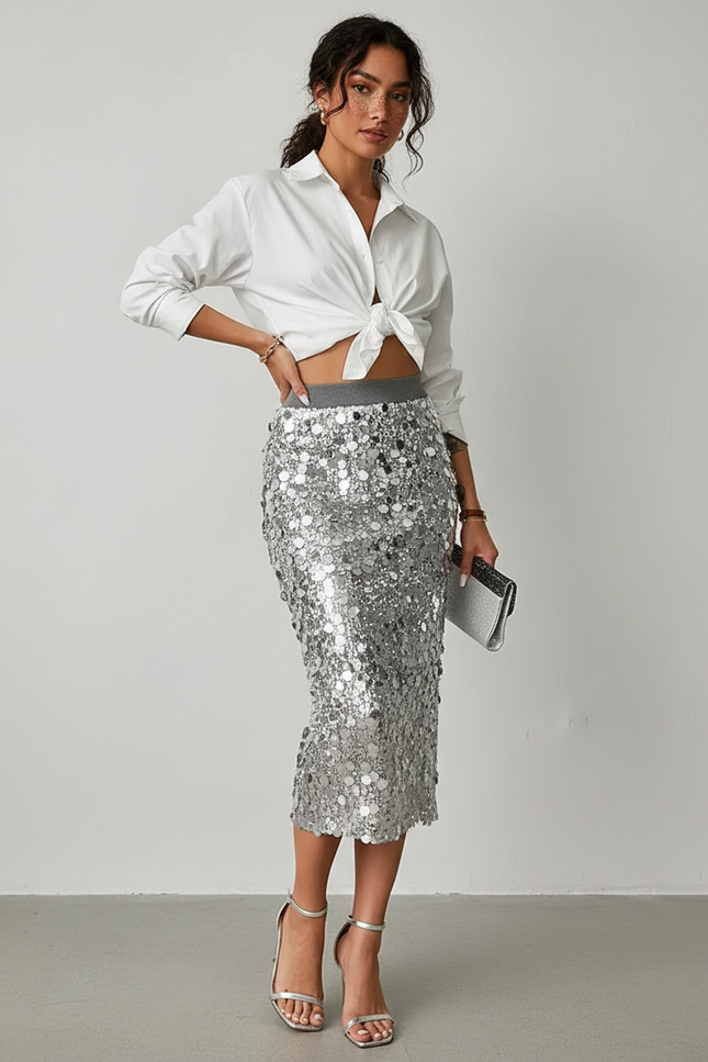 Jupe Crayon Argentée Paillettes Chic