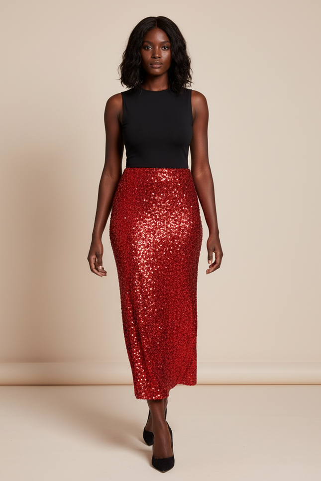 Jupe Crayon Rouge Paillettes Chic