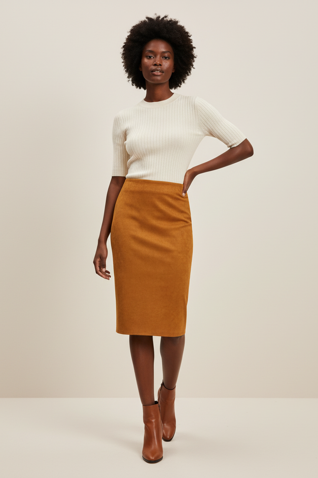 Jupe Crayon Daim Camel