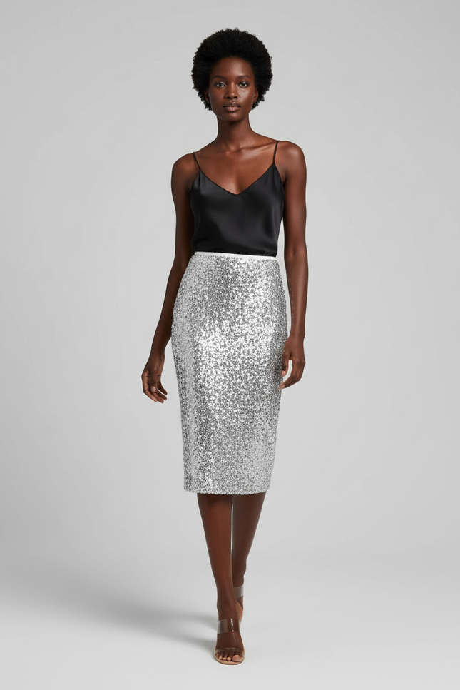 Jupe Crayon Argentée À Sequins Chic