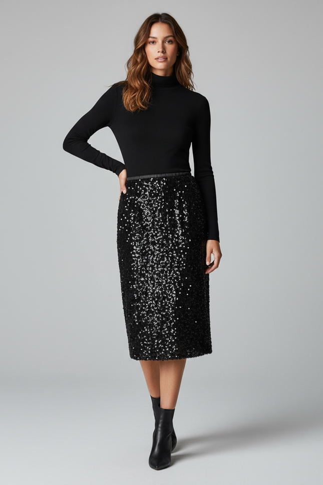 Jupe Crayon Noire À Sequins Chic