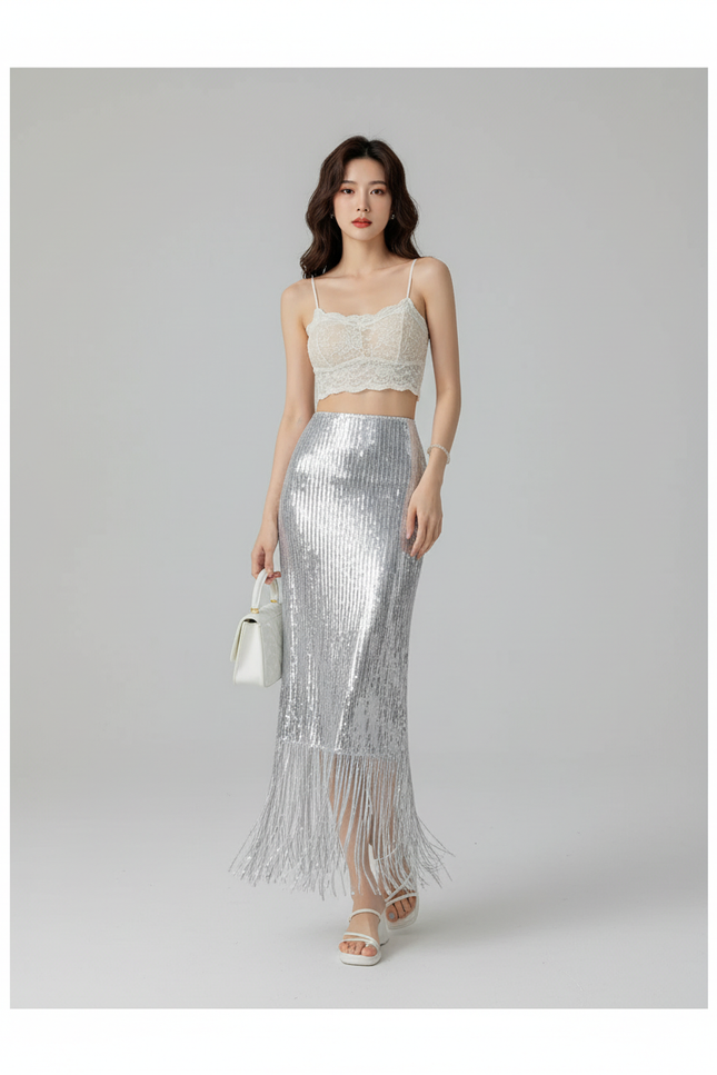 Jupe Crayon Pailletée Frangée Chic