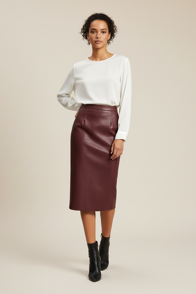 Jupe Crayon Bourgogne Cuir Chic