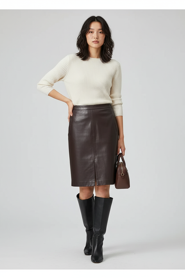 Jupe Crayon Cuir Fente Avant Chic