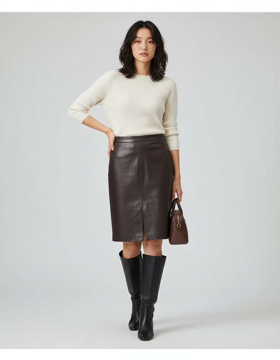 Jupe Crayon Cuir Fente Avant Chic