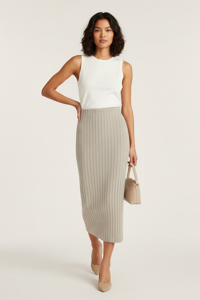 Jupe Crayon Côtelée Beige Élégante