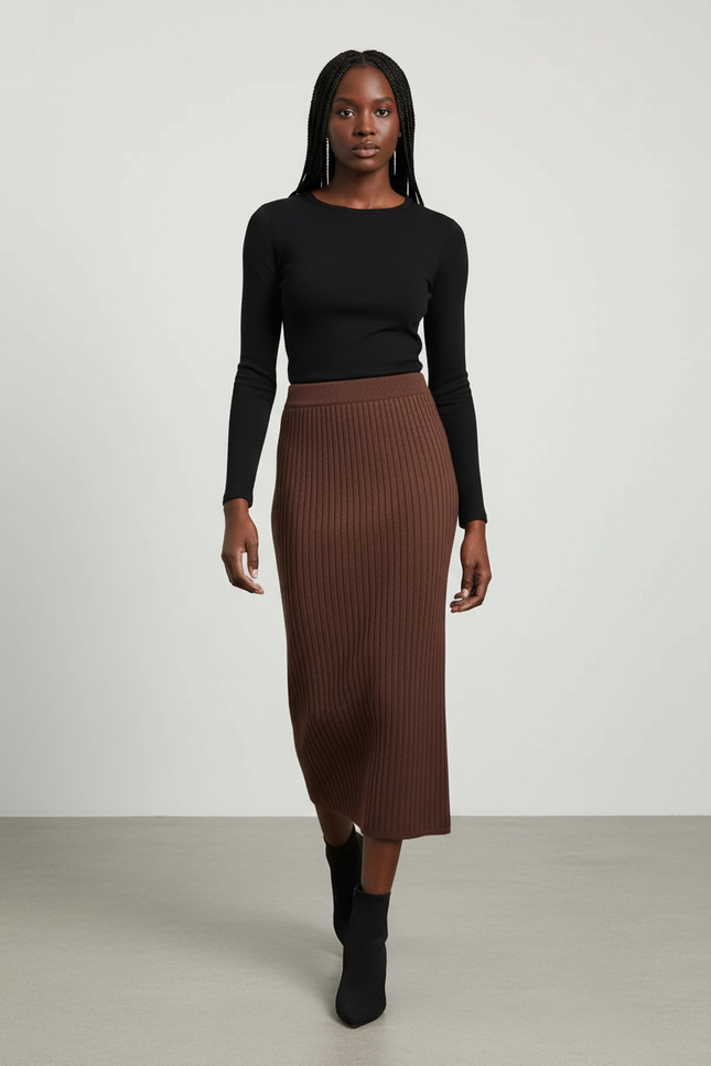 Jupe Crayon Marron Côtelée Chic