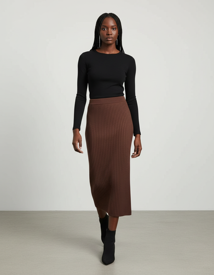 Jupe Crayon Marron Côtelée Chic