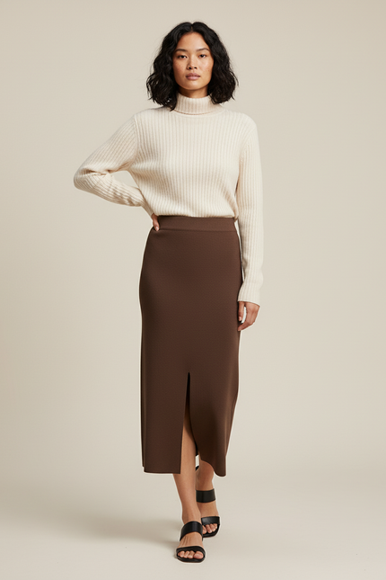 Jupe Crayon Marron Fendue Chic