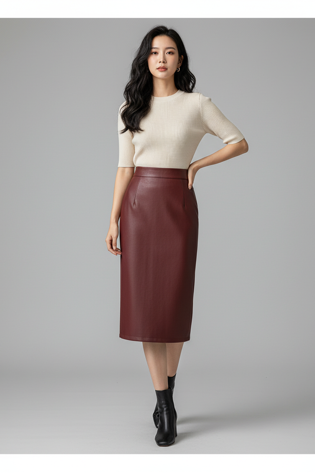 Jupe Crayon Bordeaux Similicuir Élégante