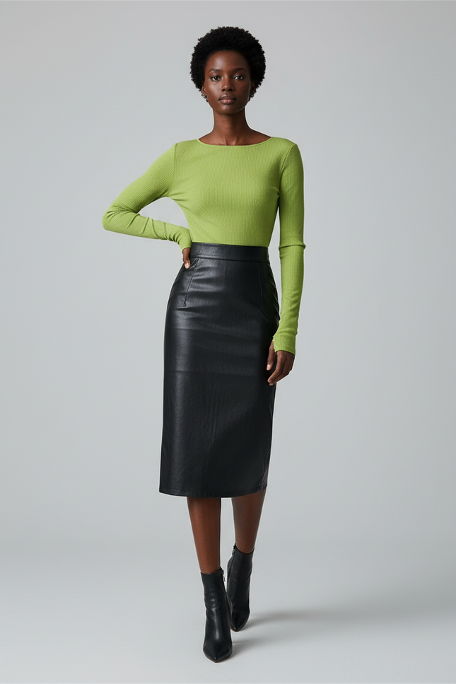 Jupe Crayon Simili Cuir Noire Élégante
