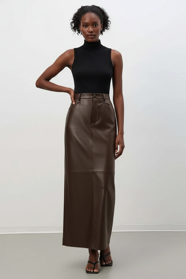 Jupe Crayon Marron Similicuir Élégante